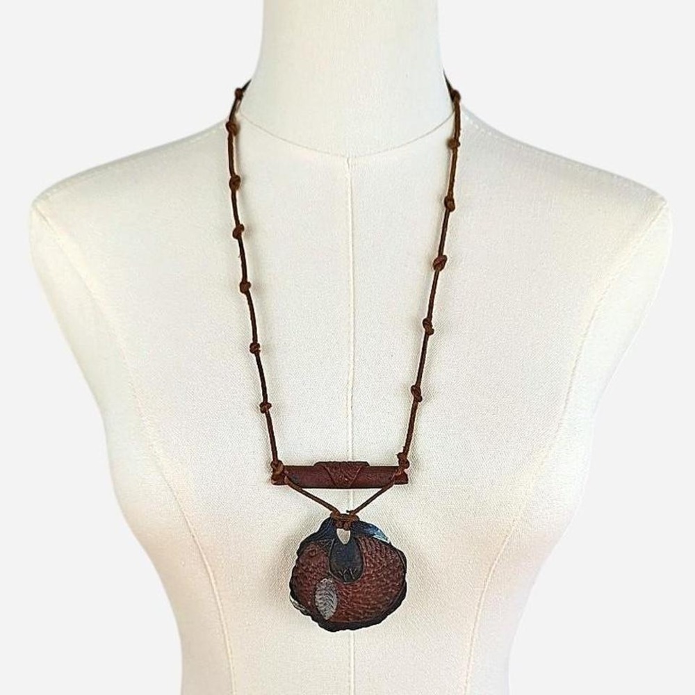 Handmade Leather Cord Clay Bird Pendant Boho Folk Art Statement Necklace